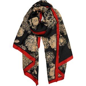 Women Red and Black Long Stain Mulberry Silk Shawl Lightweight Sunscreen Scarf